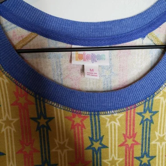 Retro Stripe Star Print Terry‎ Jane Top M Yellow Red Blue Short Sleeve - Picture 3 of 5